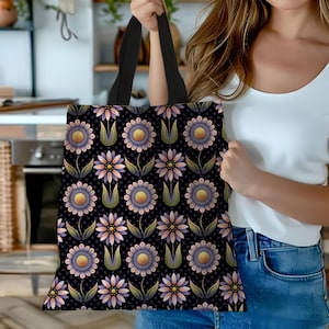 Cute Daisy Tote Bag - Pink and Purple Eco Friendly Canvas Bag, Daisy Print Tote Bag, Floral Shopping Bag