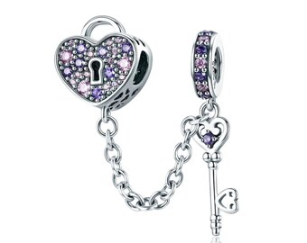 The Key of Heart Safety Chain Charm for Bracelet, S925 Sterling Silver Charm Fits for Pandora Bracelet, simple bracelet, love bracelet, gift