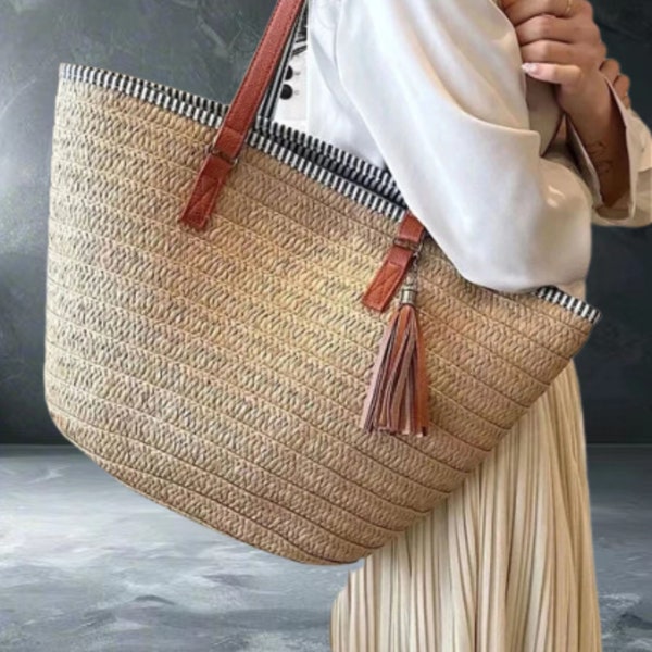 Straw bag-French market bag-straw bag-straw holiday totes basket-natural straw bag-straw shopper shoulder bag-beach bag-straw beach bags