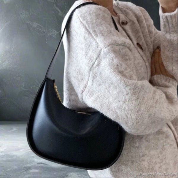 Leather Shoulder Bag, Minimalist Bag, Top Handle Bag,Crescent Moon Bag, Daily Bag,Underarm Bag, Gift for Her
