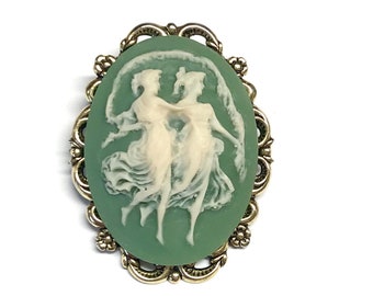 Green and Ivory Fairy Cameo Brooch Resin Goldtone Frame