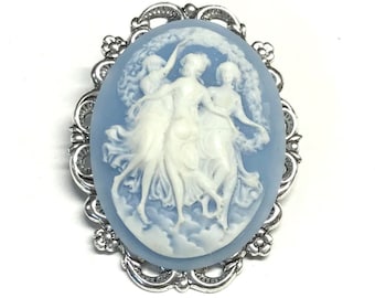 Cameo Brooch - Three Muses Cameo - Blue and White Cameo Pin - Brooch for Women - Cameo Gift - Cameo Jewelry