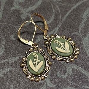 Lily of the Valley Cameo Earrings: Green Resin, Gold Lever Backs