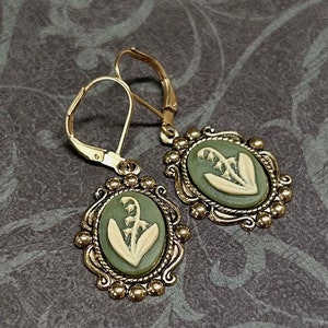 Cameo Earrings - Lily of the Valley - Lever Backs - Earrings for Women  - Cameo Jewelry - Green Cameo Earrings - Gift for Her - May Flower