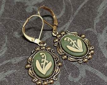 Cameo Earrings - Lily of the Valley - Lever Backs - Earrings for Women  - Cameo Jewelry - Green Cameo Earrings - Gift for Her - May Flower