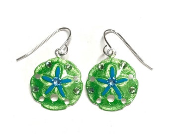 Sand Dollar Earrings - Sand Dollar Jewelry -Handpainted in Lime Green and Aqua