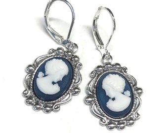 Cameo Earrings - Blue Earrings - Lever Back Earrings - Earrings for Women - Cameo Gift - Cameo Jewelry - Blue Cameo Earrings