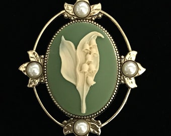 Cameo Brooch - Lily of the Valley - Green Cameo Jewelry - Brooch for Women - Birthday Gift for Her - Large Statement Pin - May Flower