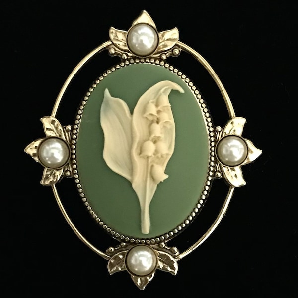 Cameo Brooch - Lily of the Valley - Green Cameo Jewelry - Brooch for Women - Birthday Gift for Her - Large Statement Pin - May Flower