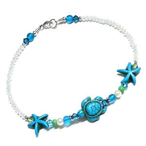 Sea Turtle Starfish Anklet: Sterling Silver Beaded Beach Jewelry