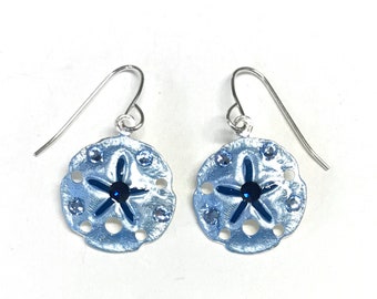 Sand Dollar Earrings - Sand Dollar Jewelry - Light Blue and Navy - Sterling Silver Earwires - Summer Earrings For Women