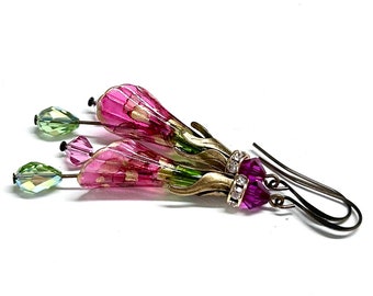 Pink and Green Boho Flower Earrings - Long Dangle Earrings - Painted Lucite Flowers - Gift for Her - Mothers Day Gift - Earrings for Women