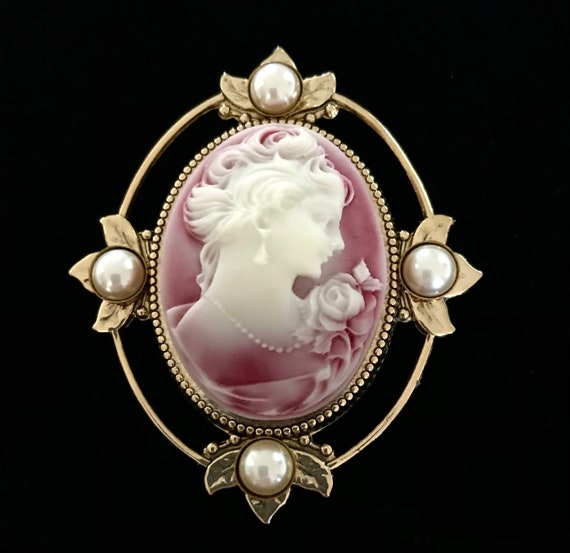 Cameo Brooch Victorian Lady Profile Pearl Accents Brooch - Etsy