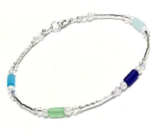 Sea Glass Inspired Anklet - Multi Color Anklet - Sterling Silver - Anklet for Women - 9 - 10 -11 - 12 Inch - Small Size to Plus Size