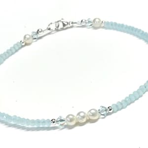 Aqua Crystal & Pearl Anklet: Sterling Silver Beaded Ankle Bracelet