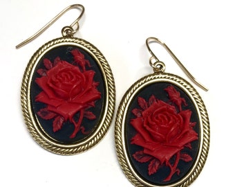 Red Rose Cameo Earrings - Statement Earrings - Black and Red Earrings - Earrings for Women - Gold Filled Earwires - 2 Inches Long