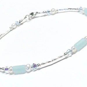 Sea Glass Inspired Anklet - Light Aqua - Sterling Silver - Anklet for Women - 9 - 10 -11 - 12 Inch - Small Size to Plus Size - Beachy Anklet