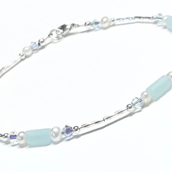 Sea Glass Inspired Anklet - Light Aqua - Sterling Silver - Anklet for Women - 9 - 10 -11 - 12 Inch - Small Size to Plus Size - Beachy Anklet