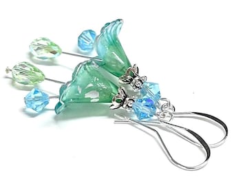 Boho Flower Earrings - Hand Painted - Sterling Silver - Birthday Gift for Her - Earrings for Women - Long Dangle Earrings - Floral Jewelry
