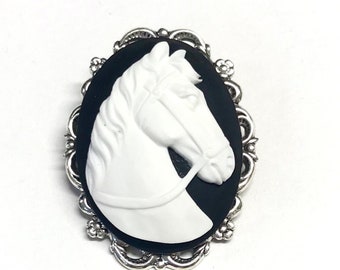 Cameo Brooch - Horse Brooch - Black and White Cameo Pin - Brooch for Women - Equestrian Gift - Cameo Jewelry - Gift for Her