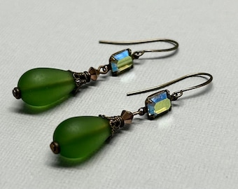 Green Dangle Earrings: Vintage Crystal, Antiqued Brass, Matte Teardrop