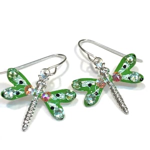 Dragonfly Earrings - Green Earrings - Dragonfly Jewelry - Crystal Accents - Sterling Silver Ear Wires - Dragonfly Gift - Nature Earrings