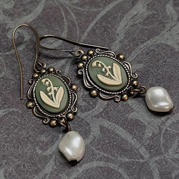 Lily of the Valley Earrings - Green Cameo Earrings - Gift for Her - May Birthday Flower - Antiqued Brass Jewelry - Earrings for Women
