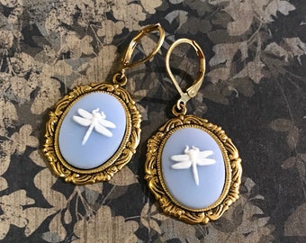 Cameo Earrings - Dragonfly Earrings - Dragonfly Gift -Lever Back Earrings - Earrings for Women - Dragonfly Jewelry - Blue and White