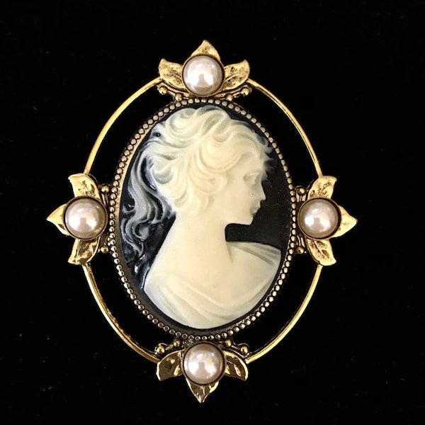 Black Cameo Brooch - Victorian Girl Profile - Pearl Accents - Brooch for Women - Gift for Her - Vintage Inspired - Large Cameo Pin