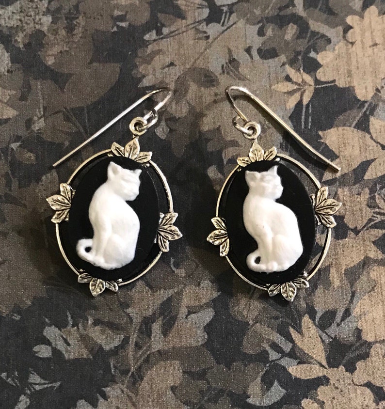 Cat Earrings Cat Jewelry Cameo Earrings Black and White Etsy