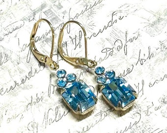 Aqua Crystal Earrings - Vintage Crystals - Aquamarine Crystals  - Leverback Earrings - Earrings for Woman - Gift for Her