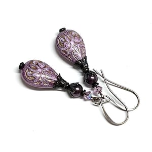 Long Dangle Boho Style Brass Earrings - Gold Inlay Moroccan Style Acrylic Beads - Mauve Earrings - Gift for Her - Earrings for Women -