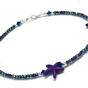 Purple Starfish Anklet: Sterling Silver, Crystal Bead Ankle Bracelet