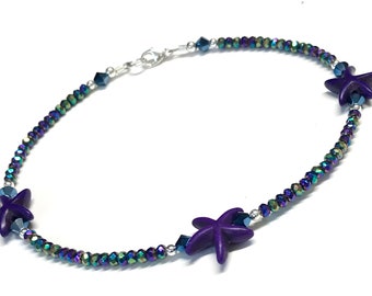 Purple Starfish Anklet: Sterling Silver, Crystal Bead Ankle Bracelet