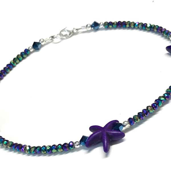 Purple Ankle Bracelet - Starfish Anklet - Sterling Silver - Anklet for Woman - 9 - 10 - 11 - 12 Inches - Small to Plus Size - Gift for Her