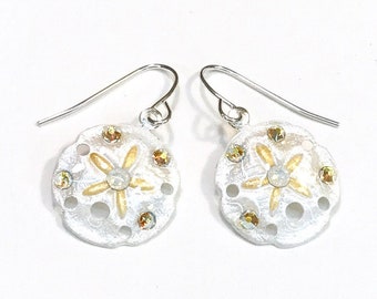 Sand Dollar Earrings - Sand Dollar Jewelry - Pearlized White with Gold Accents - White Earrings  - Earrings for Women