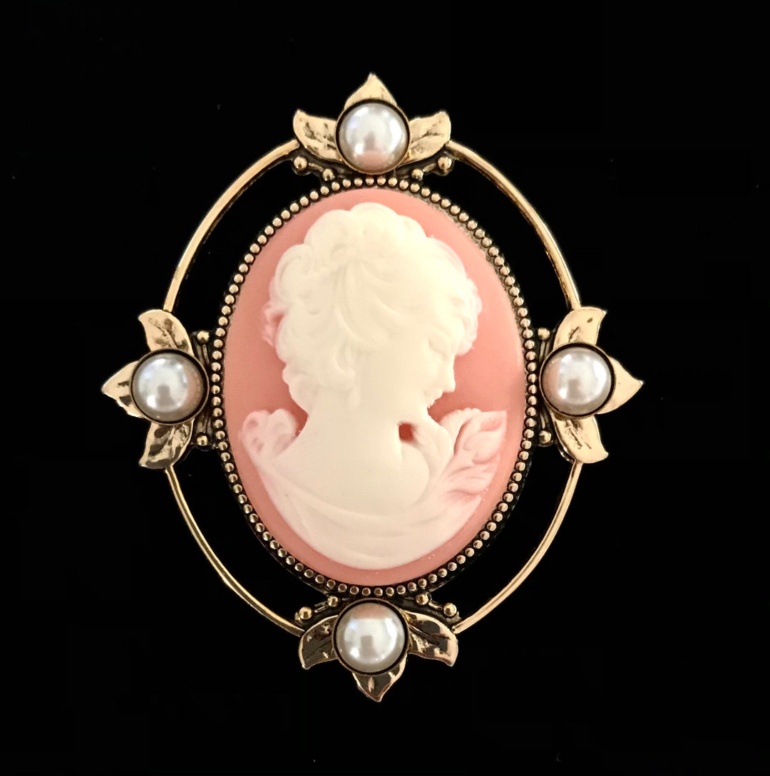 Cameo Brooch Victorian Lady Profile Peach Brooch for Women Gift for Her