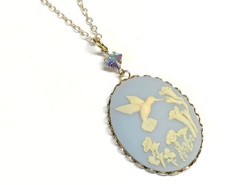 Hummingbird Cameo Necklace - Blue Cameo Statement Necklace - Gift for Her - Necklace for Woman - 24 Inch or 30 Inch Chain - Bird Lover Gift