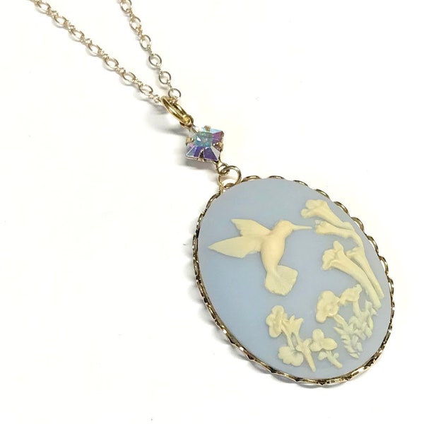 Hummingbird Cameo Necklace - Blue Cameo Statement Necklace - Gift for Her - Necklace for Woman - 24 Inch or 30 Inch Chain - Bird Lover Gift