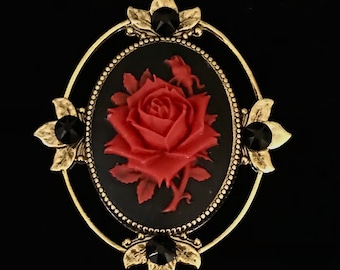 Statement Cameo Brooch - Cameo Jewelry - Pendant - Red Rose - Jet Crystals - Ren Faire Jewelry - Brooch for Women - Gift for Her