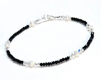 Black Anklet - Crystal and Pearl - Sterling Silver - Anklet for Women - 9 - 10 - 11 - 12 Inch - Small Size to Plus Size - Gift for Her