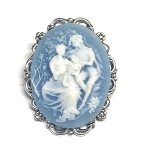 Cameo Brooch - Victorian Couple Cameo - Blue and White Cameo Pin - Brooch for Women - Romantic Gift - Cameo Jewelry