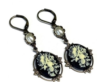 Cameo Earrings - Floral Earrings - Lever Back Earrings - Black Cameo Jewelry - Long Dangle Earrings - Brass Jewelry - Gift for Her