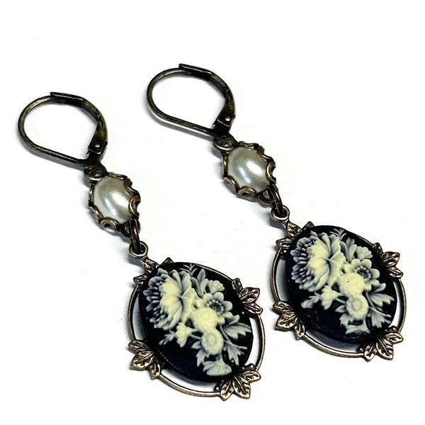 Cameo Earrings - Floral Earrings - Lever Back Earrings - Black Cameo Jewelry - Long Dangle Earrings - Brass Jewelry - Gift for Her