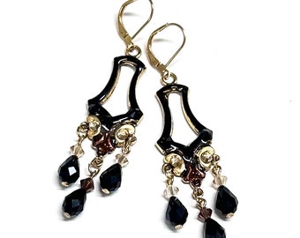 Chandelier Earrings - Black and Bronze - Long Crystal Earrings - Hand Painted - Lever Back Earrings - Earrings for Women - Gift for Her