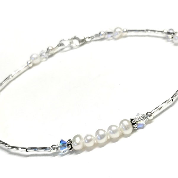 Pearl Anklet - Dainty Ankle Bracelet - Crystal AB - Sterling Silver Anklet - Anklet for Women - 9 - 10 - 11 - 12  Inch - Bridal Jewelry