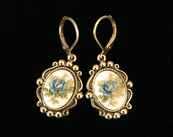 Blue Rose Earrings - Vintage Japanese Porcelain Cabochon - Victorian Inspired Jewelry - Earrings for Women - Lever Backs - Gift for Wife