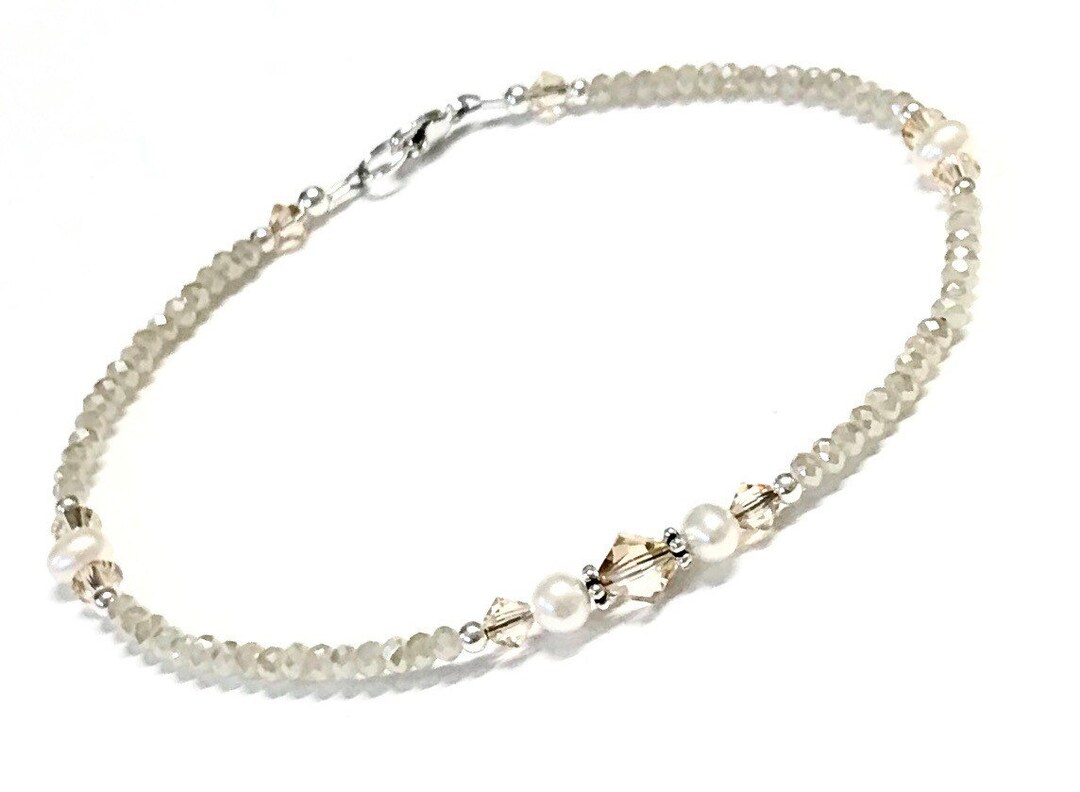 Neutral Anklet Pearl and Crystal Anklet Sterling Silver 9 10 11 12 Inch