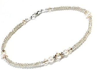 Neutral Anklet - Pearl and Crystal Anklet - Sterling Silver - 9 - 10 - 11 - 12 inch - Beaded Anklet - Ankle Bracelet For Women