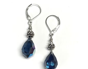 Teardrop Crystal Earrings - Montana AB - Earrings for Women - Sterling Silver - Lever Back Earrings - Gift for Her - Blue Jewelry